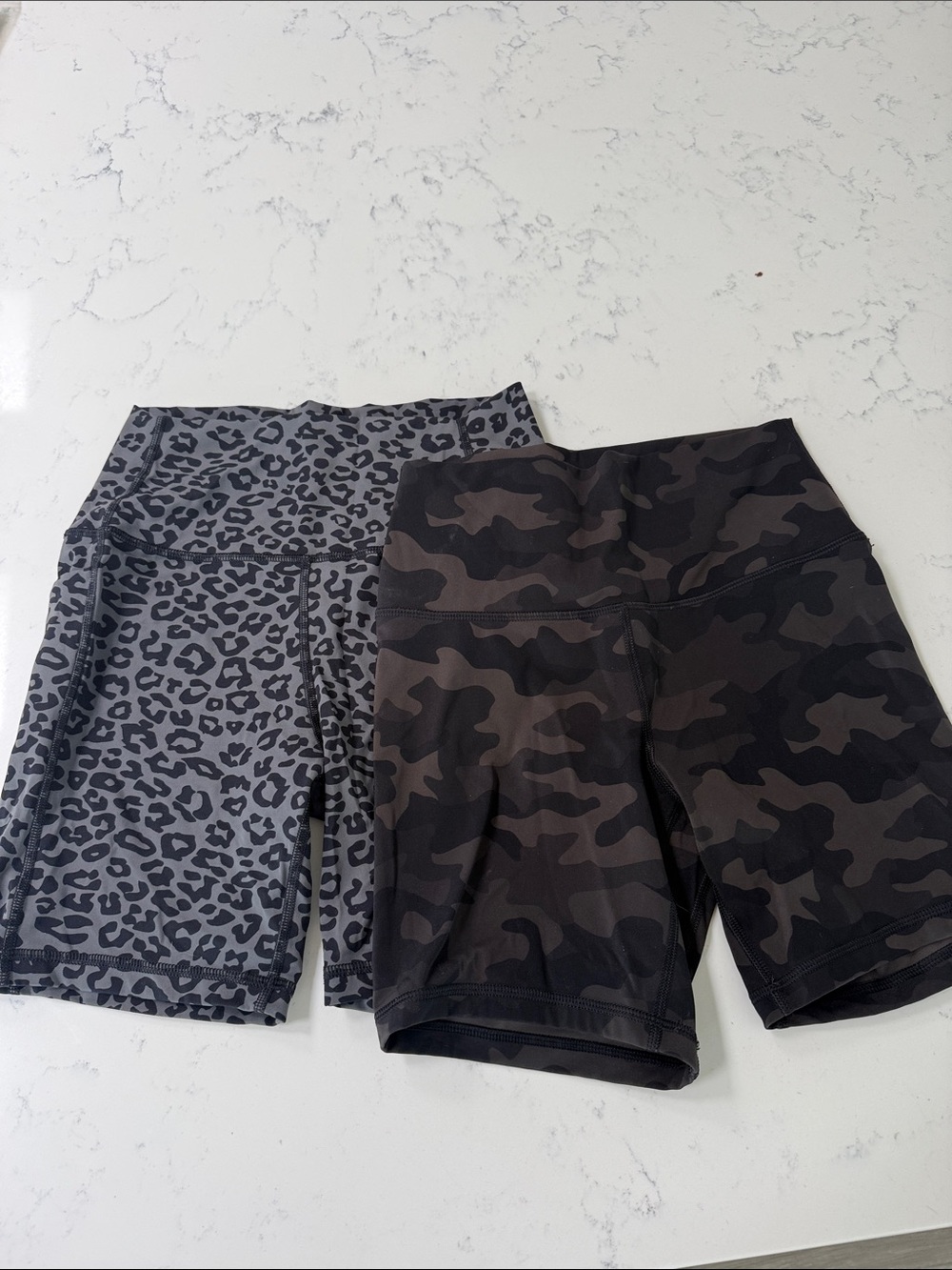 Set of two CRZ Yoga biker shorts - Grey Leopard & Black/ green Camo. Size S